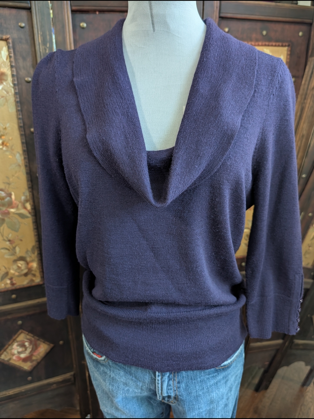 Purple Merino Wool Cowl Neck Sweater Lightweight Feminine Office Business Casual